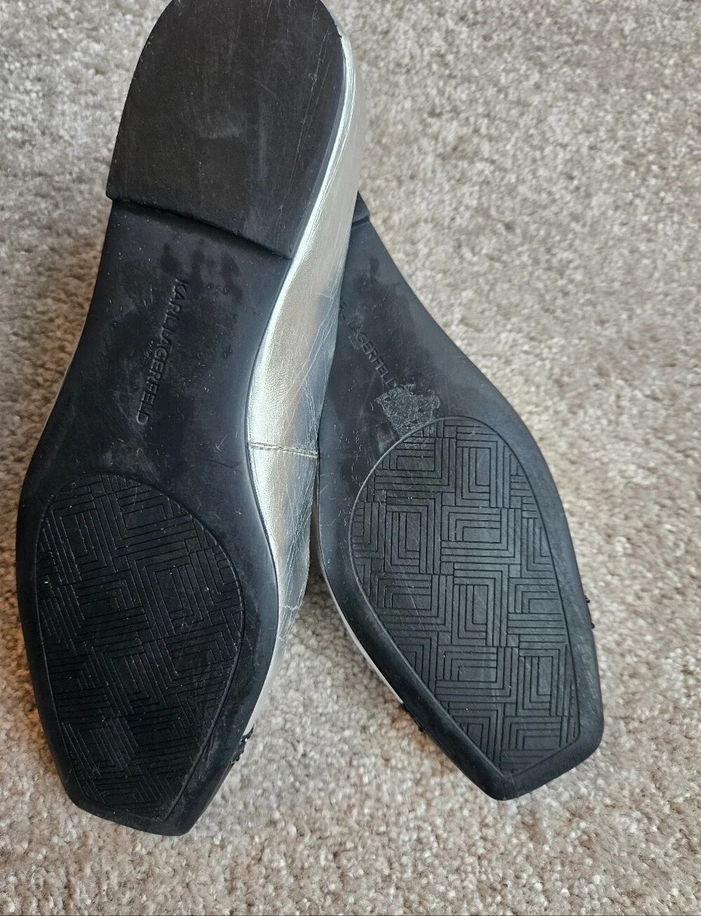 Karl Lagerfeld Silver with Black Cap-Toe Square-Toe Ballet Flats
